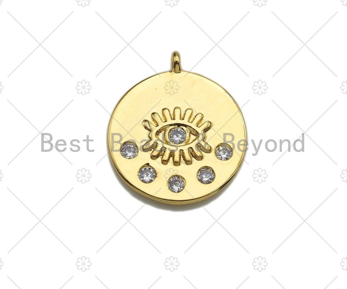 Clear CZ Micro Pave Evil Eye on Disc Pendant/Charm, Lucky Eye Cubic Zirconia Pendant, Real Gold Plated Charm Pendant,18x21mm,Sku#L303