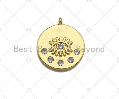 Clear CZ Micro Pave Evil Eye on Disc Pendant/Charm, Lucky Eye Cubic Zirconia Pendant, Real Gold Plated Charm Pendant,18x21mm,Sku#L303