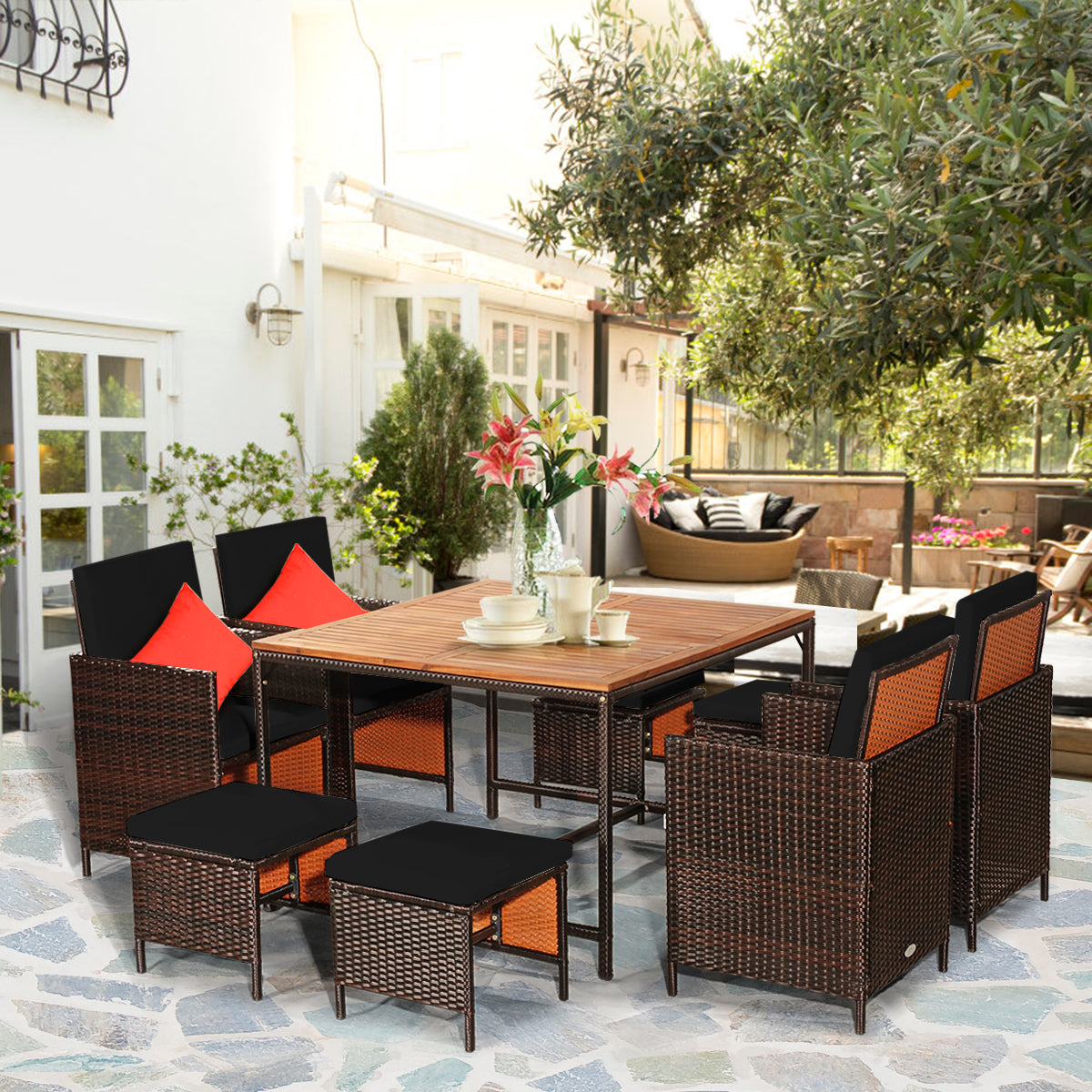 9 Pieces Patio Rattan Dining Cushioned Chairs Set