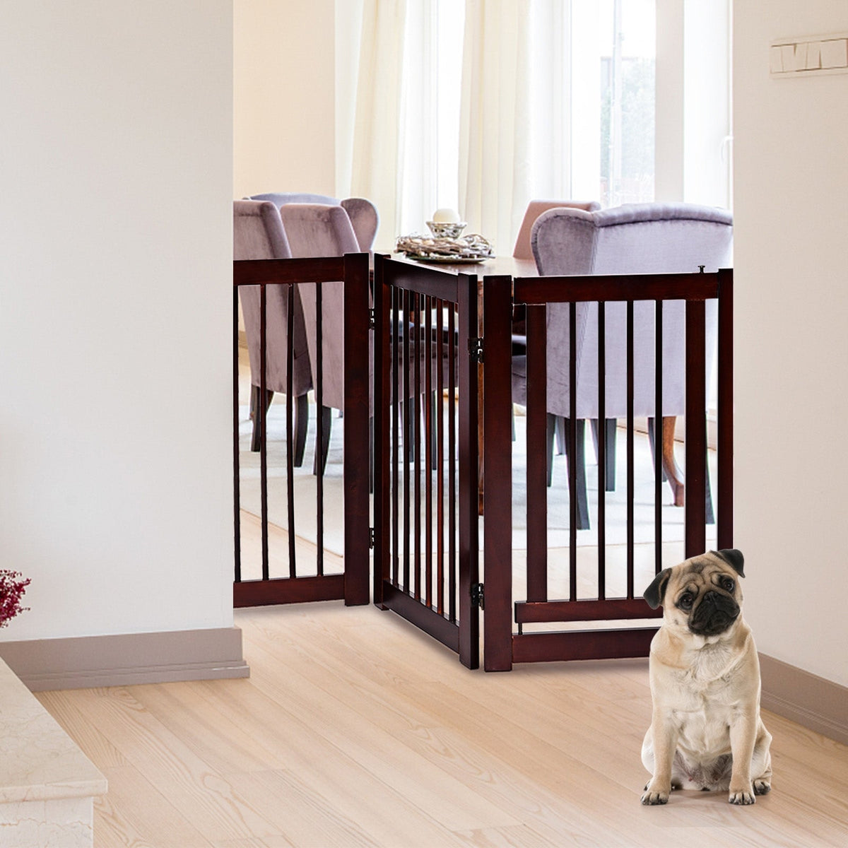 30 Inch Tall 4-Panel Freestanding Pet Gate Wooden Dog Fence-Brown