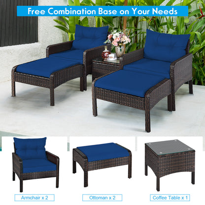5 Pieces Patio Rattan Sofa Ottoman Furniture Set with Cushions-Black