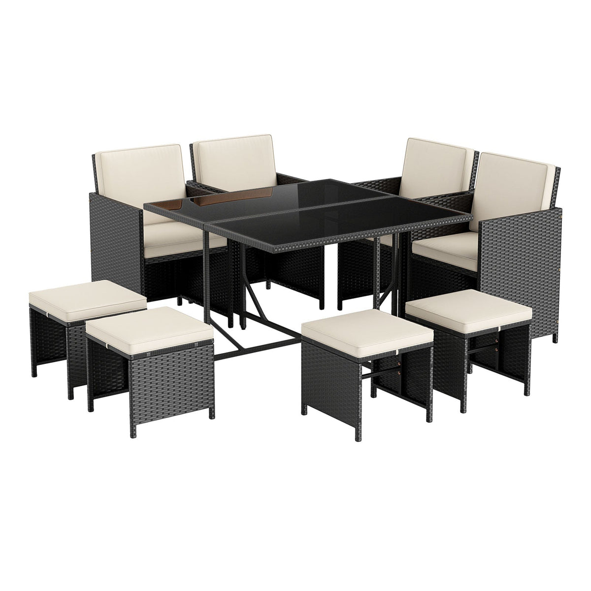 9 Piece Patio Dining Set with Tempered Glass Table and Ottoman