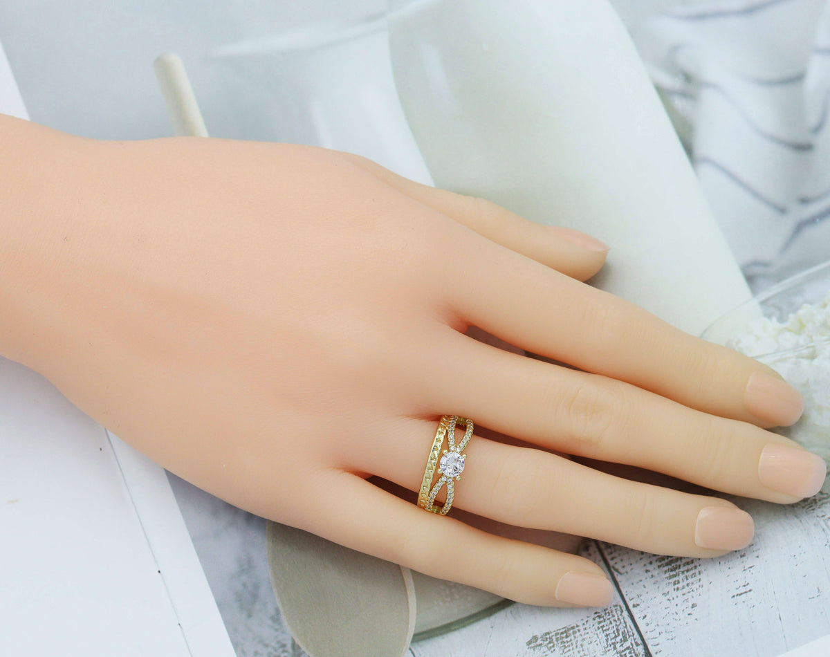 CZ Gold Criss Cross Link Adjustable Ring, Sku#LD339