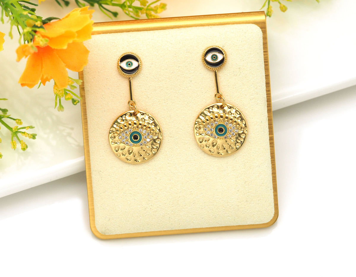Enamel Evil Eye Round Coin Shape Dangle Earrings, SKU#Y603
