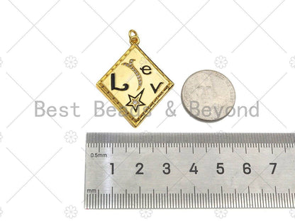 Gold Filled CZ Micro Pave Love Word On Rhombus Shape Pendant, 18K Gold Filled Black Enamel Charm, Necklace Bracelet Charm,30x38mm,Sku#L567