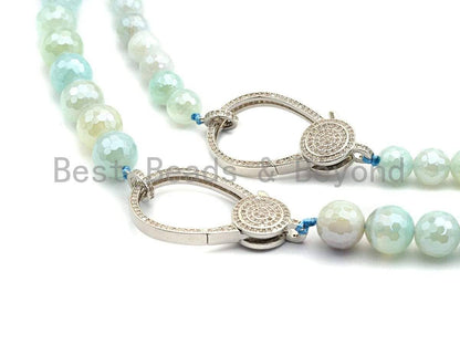 Aqua Blue Agate Attachment Necklace with Large CZ Pave Silver clasp, Pave Diamond Beaded Choker, 18 long, 8mm/10mm beads size, sku#D44