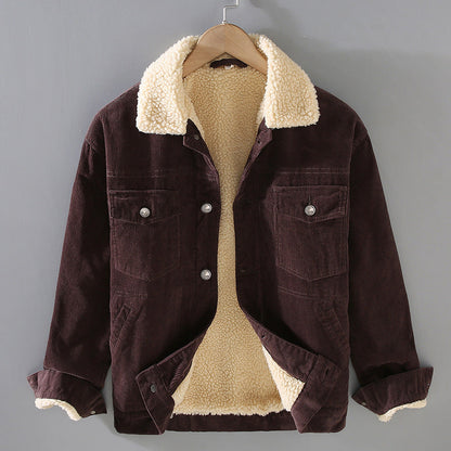 Men's Corduroy Workwear American Retro Lapels Jacket Heavy Imitation Lamb Wool Thickened Cotton-padded Coat