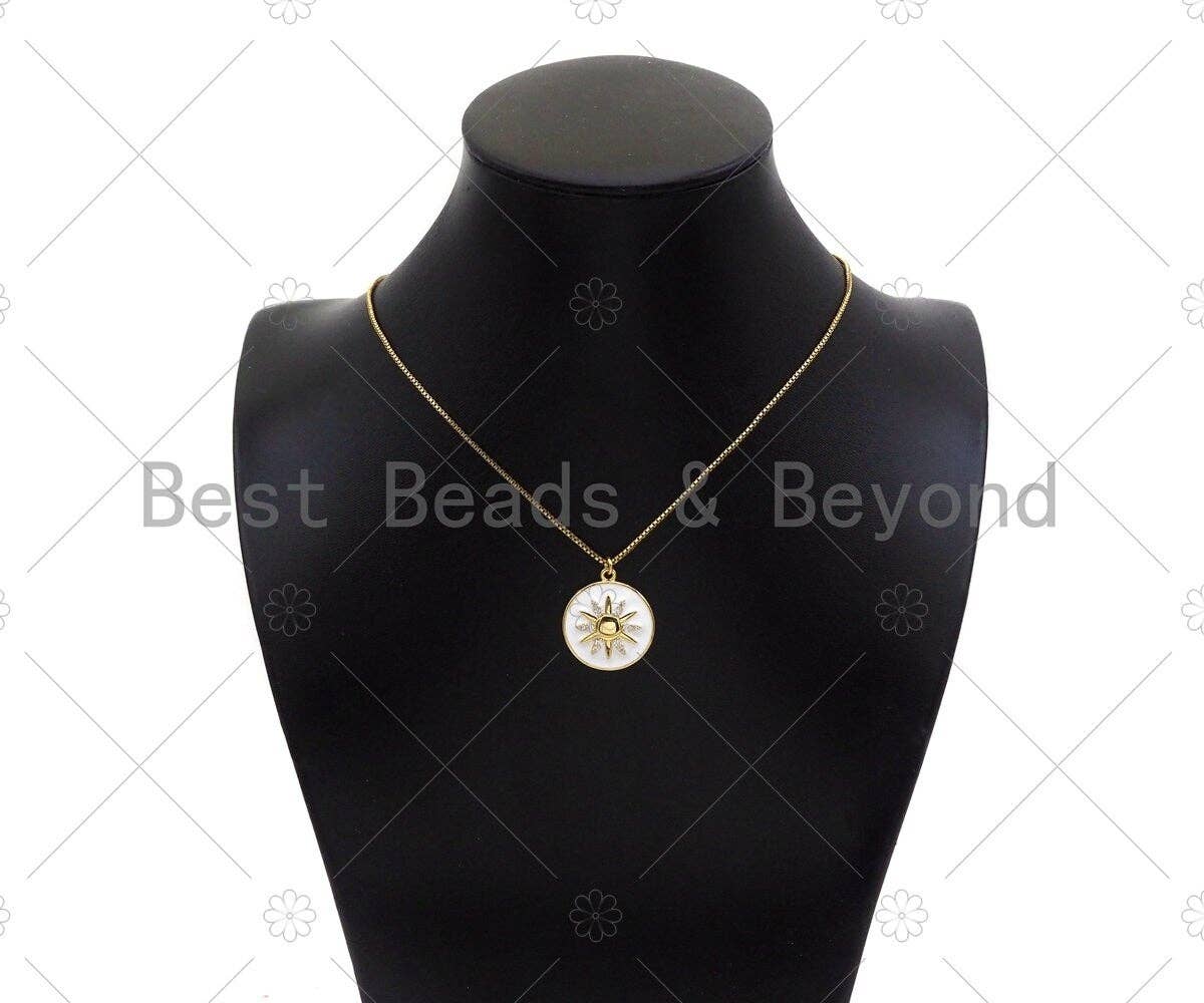 18K Gold Sunflower On Black White Enamel Round Coin Shape Pendant,CZ Micro Pave Enamel Medallion Charm, Enamel Jewelry, 24x21mm,Sku#B132