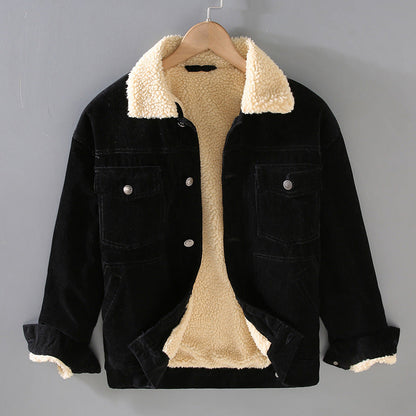 Men's Corduroy Workwear American Retro Lapels Jacket Heavy Imitation Lamb Wool Thickened Cotton-padded Coat