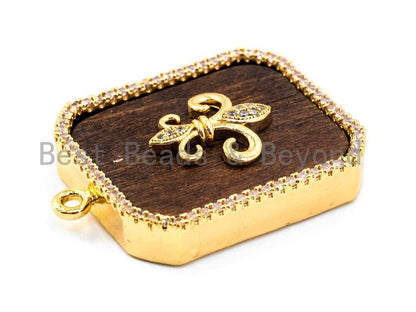 CZ Micro Pave Flowers on Wood Emerald Cut Square Pendant, 29x39mm,sku#B51