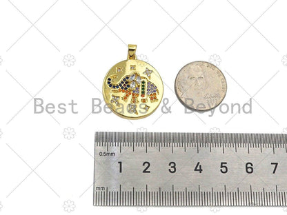Colorful CZ Micro Pave Bee/Elephant/Butterfly On Round Coin Pendant,18K Dainty Gold Medallion Charm,Necklace Bracelet Charm,24x27mm,Sku#JL31