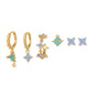 Multi Sets of Blue Flower Pierced Earrings, 4-6pcs, 18k Gold Plated Stud Drop Hoop Huggie Cuff Chain, S925 Needle