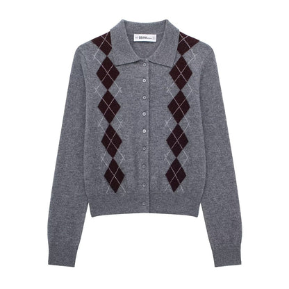 Womens Fashion Lapel Long-Sleeve Single-Breasted Knit Cardigan