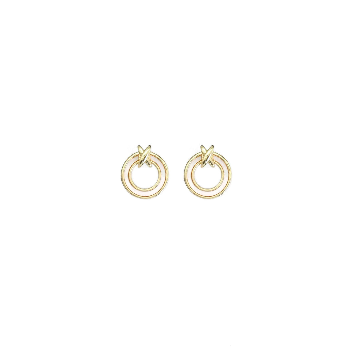 Gold White Mother of Pearl Circle With Knot Stud Earrings, S