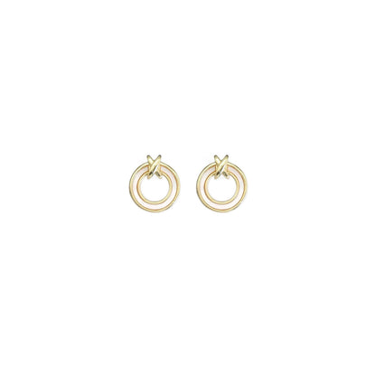 Gold White Mother of Pearl Circle With Knot Stud Earrings, S