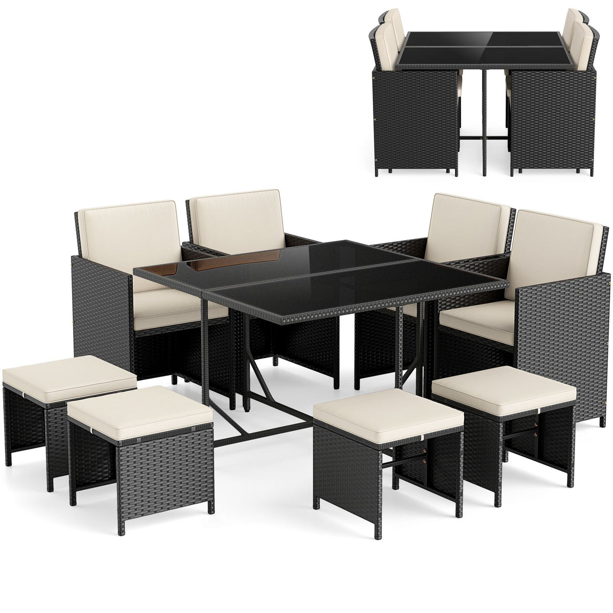 9 Piece Patio Dining Set with Tempered Glass Table and Ottoman