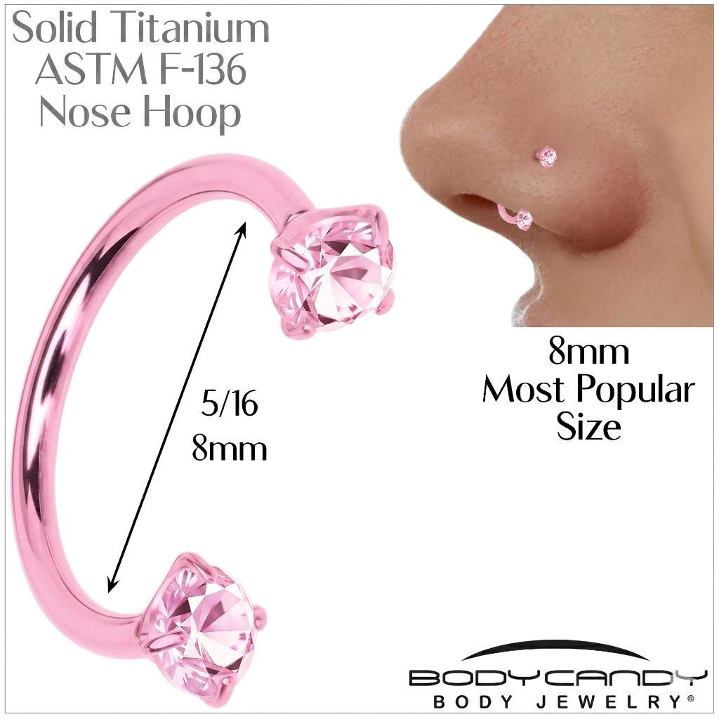 Pink Double Gem Horseshoe Nose Ring - Solid Titanium Anodized
