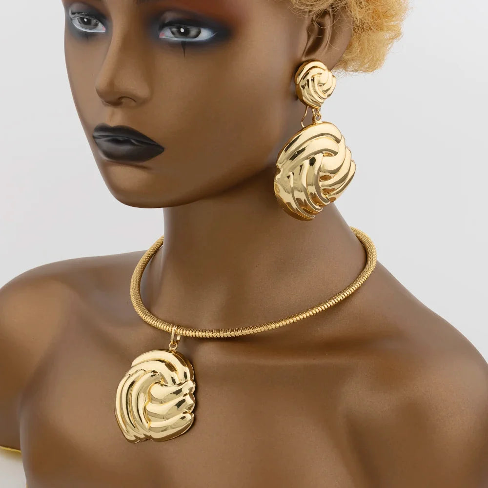 Luxury Female Jewelry Set Gold Color Necklace Big Circle Earrings Bangle Ring for Fashion Women Dubai African Party Jewelry