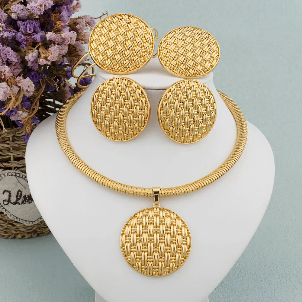 Luxury Female Jewelry Set Gold Color Necklace Big Circle Earrings Bangle Ring for Fashion Women Dubai African Party Jewelry