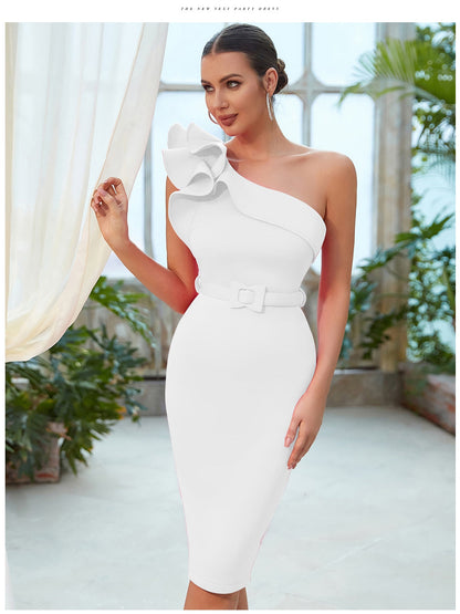 One Shoulder Ruffle Sexy Celebrity Evening Midi Elegant Dresses Vestidos