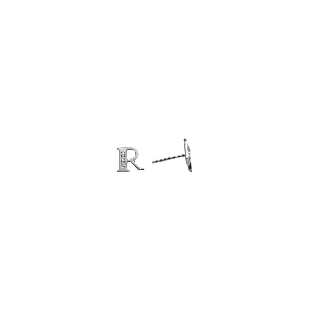 14k White Gold CZ Initial R Stud Earrings