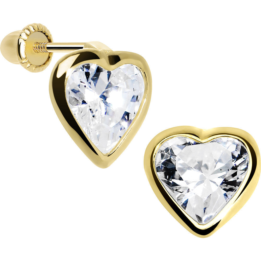 14K Yellow Gold  CZ Filled Heart Youth Screwback Earrings