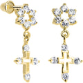 14K Yellow Gold Clear CZ Flower Cross Dangle Youth Earrings