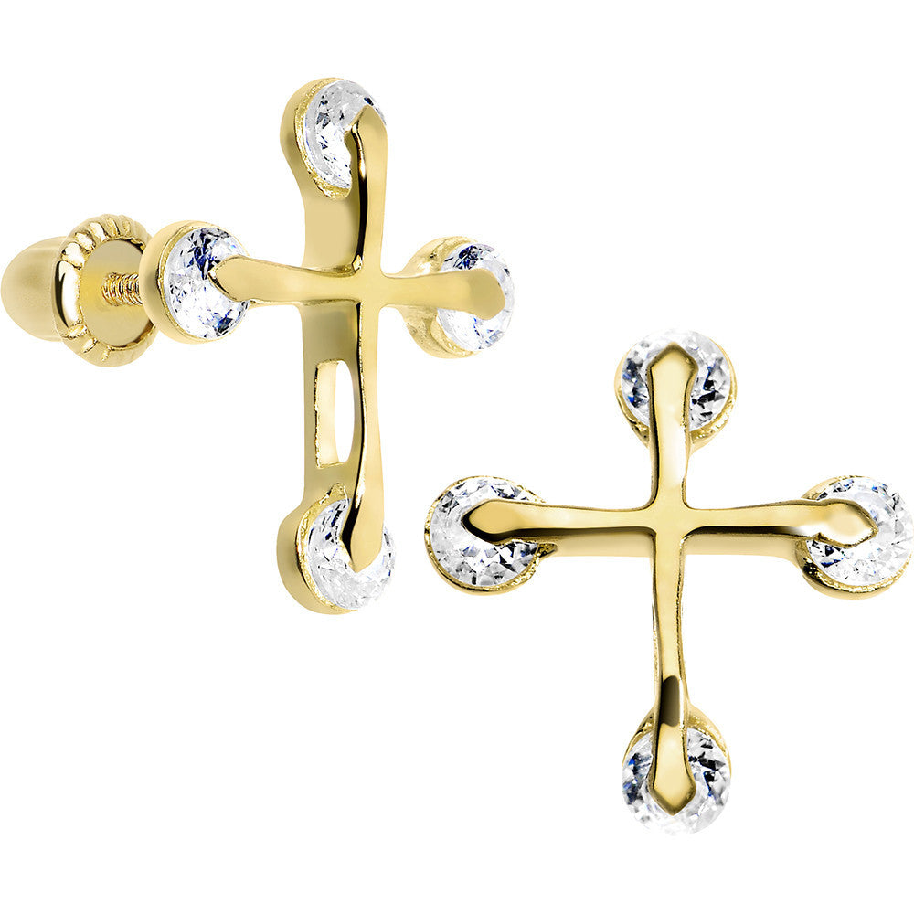 14K Yellow Gold Clear CZ Thin Cross Youth Screwback Earrings