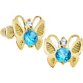 14K Yellow Gold Butterfly Aqua CZ Youth Screwback Earrings
