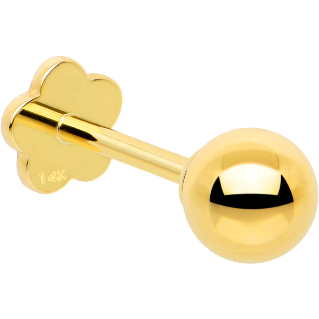 14k Yellow Gold Flat Back Earring 20G 4mm Ball Floral Reversible