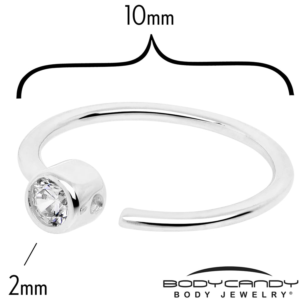 14k Solid White Gold Bendable Nose Hoop 20G 5/16 with 2mm Bezel CZ
