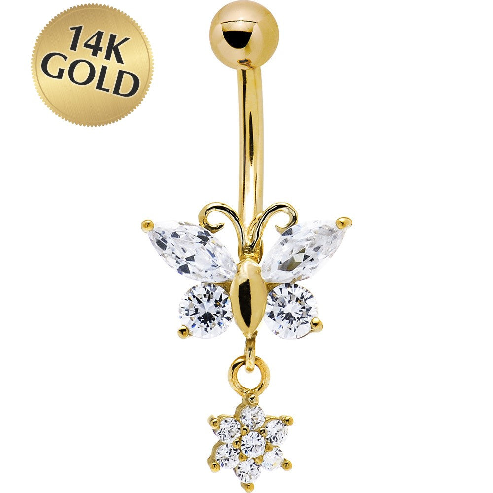 16G Solid 14k Yellow Gold CZ Flower Butterfly Belly Ring