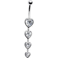 16G Solid 14k White Gold Zirconia Quadruplet Heart Belly Ring