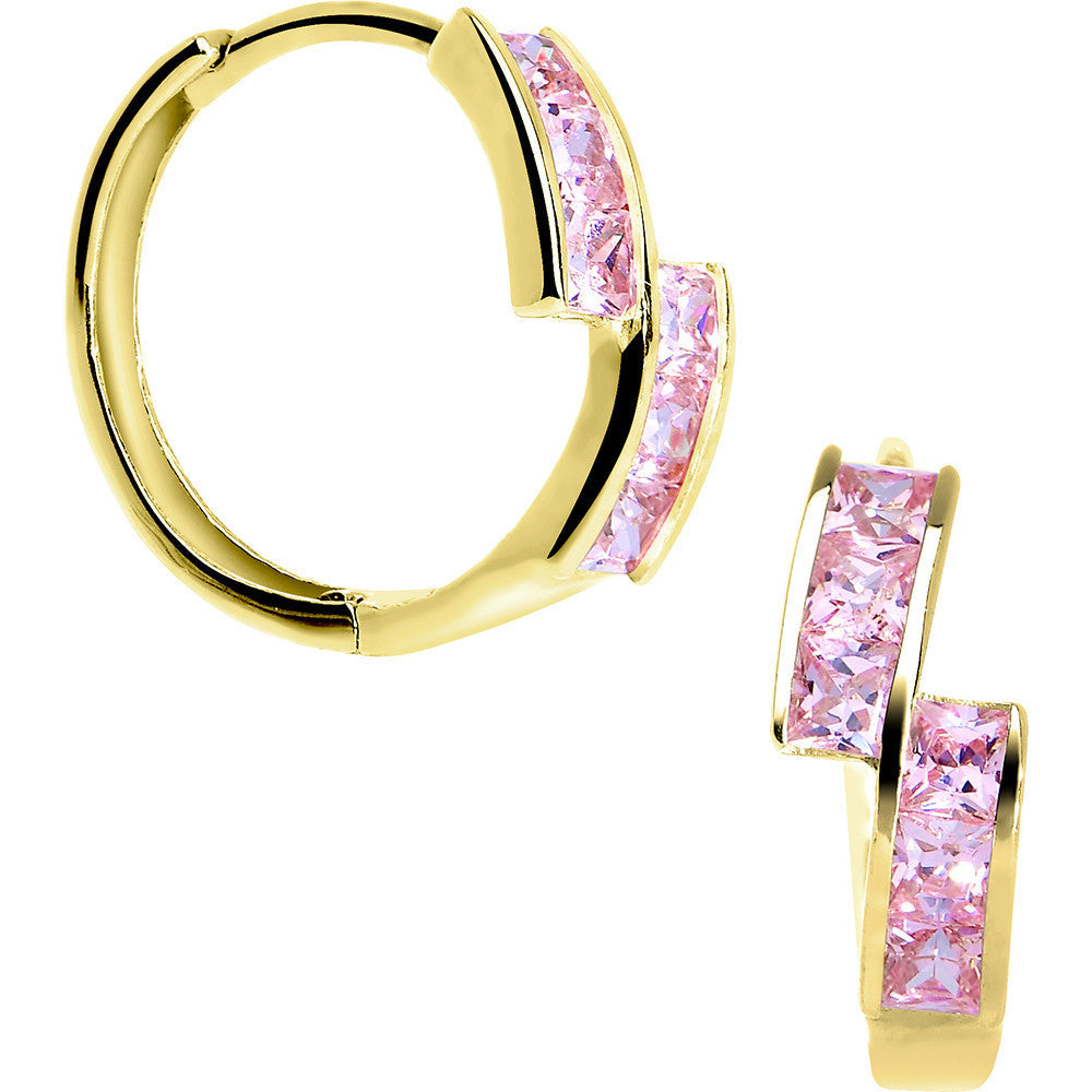 14k Yellow Gold Pink CZ Square Huggy Earrings