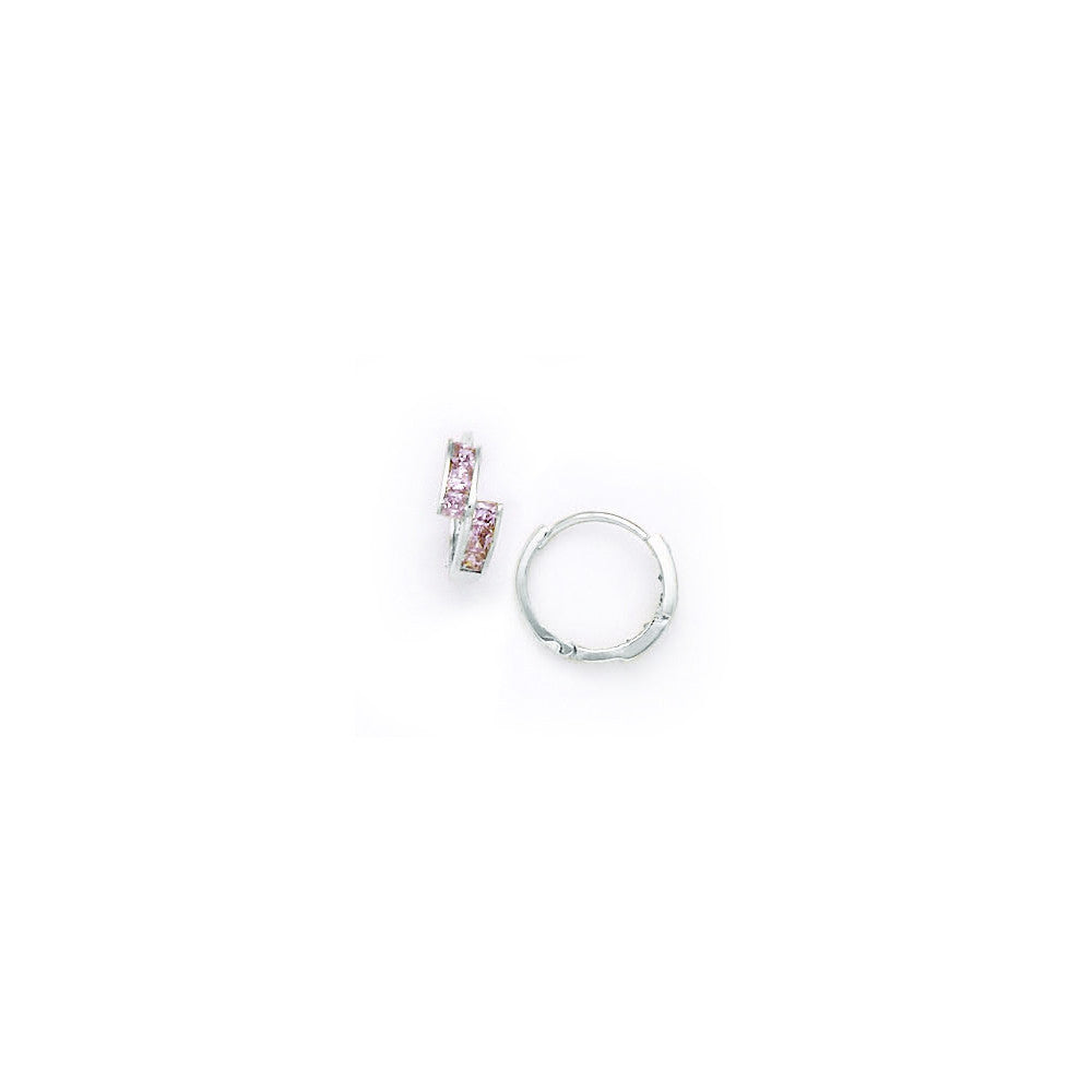 14k White Gold Pink CZ Square Huggy Earrings