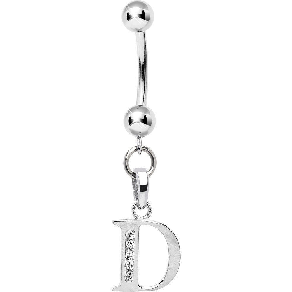 16G Solid 14k White Gold CZ Initial D Belly Ring
