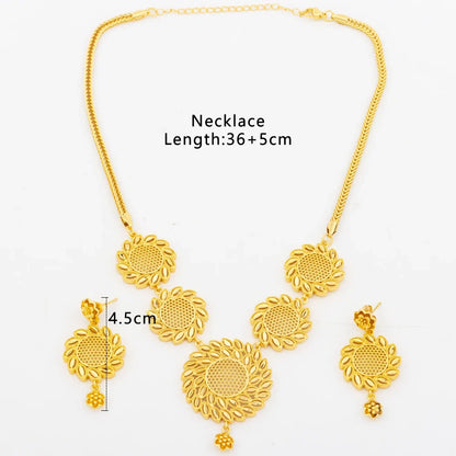 Round Jewelry Set Design for Women African Hot Sale Copper Hoop Earrings Flower Necklace Gold Plated Pendant Party Wedding Gifts
