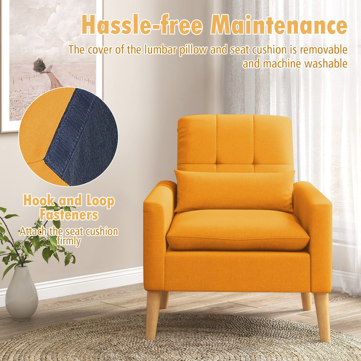 Accent Chair with Lumbar Pillow Natural Rubber Wood Legs Padded Cushions