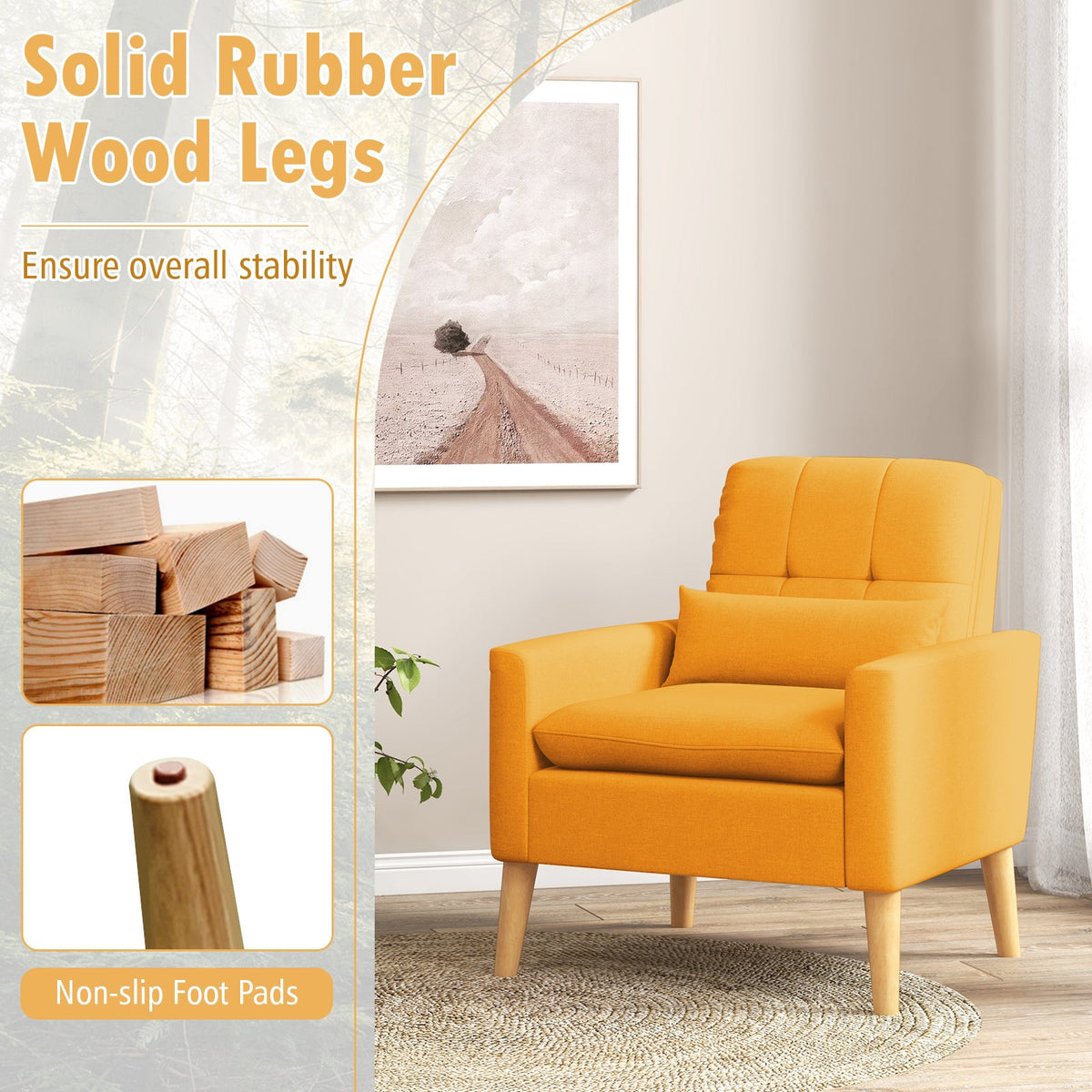 Accent Chair with Lumbar Pillow Natural Rubber Wood Legs Padded Cushions