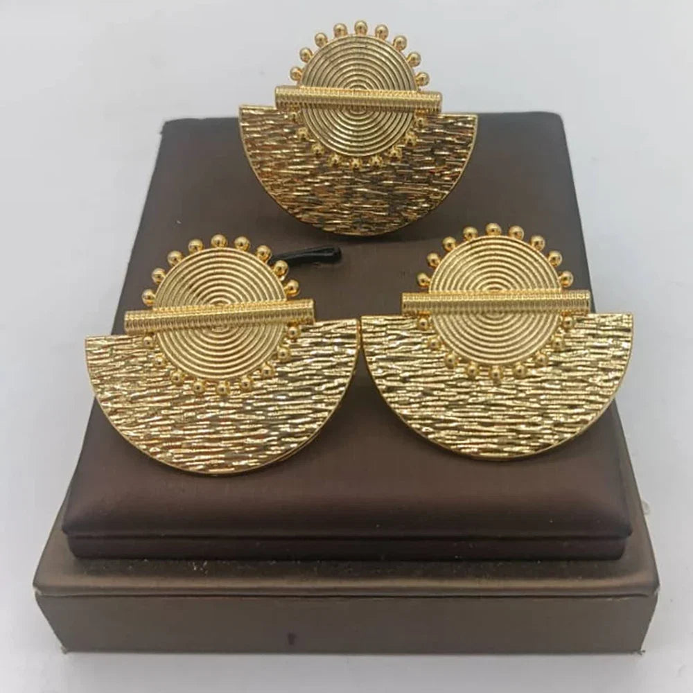 African Gold Color Jewelry Set for Women Statement Design Clip Earrings and Finger Ring 2Pcs Set for Weddings Bride Jewellery