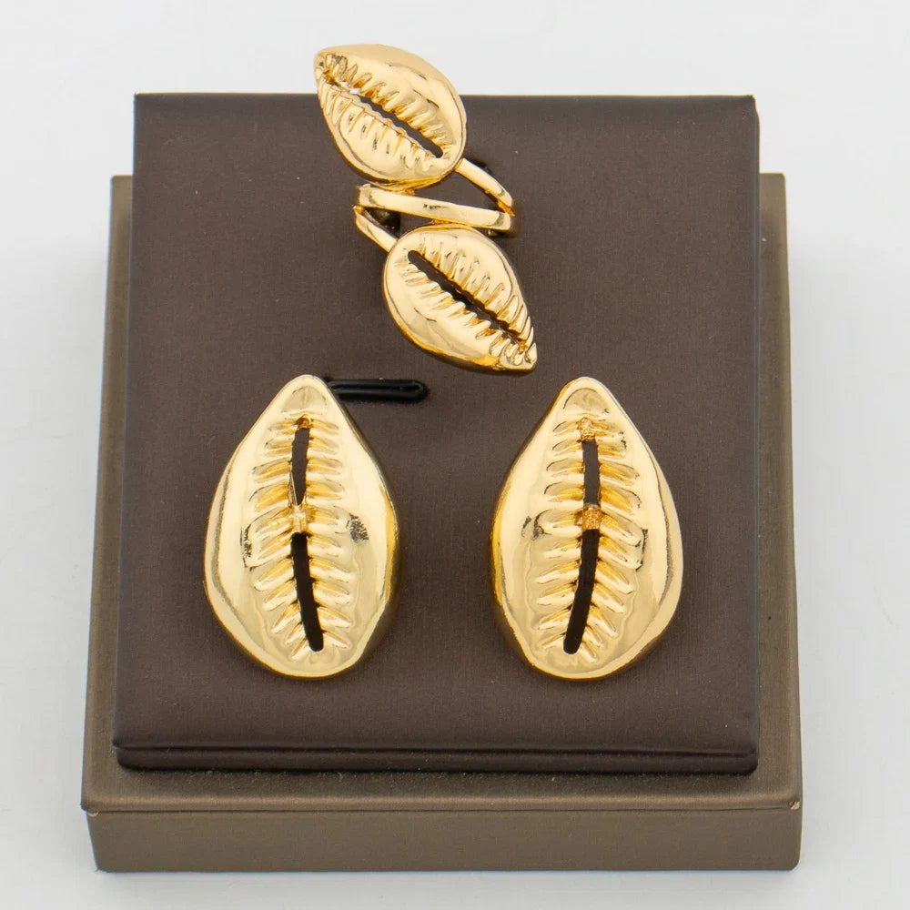 Dubai Gold Color Jewelry Set for Women Weddings Bride Earrings and Ring Brazilian Statement Design Clip Earrings Ring Set Daily