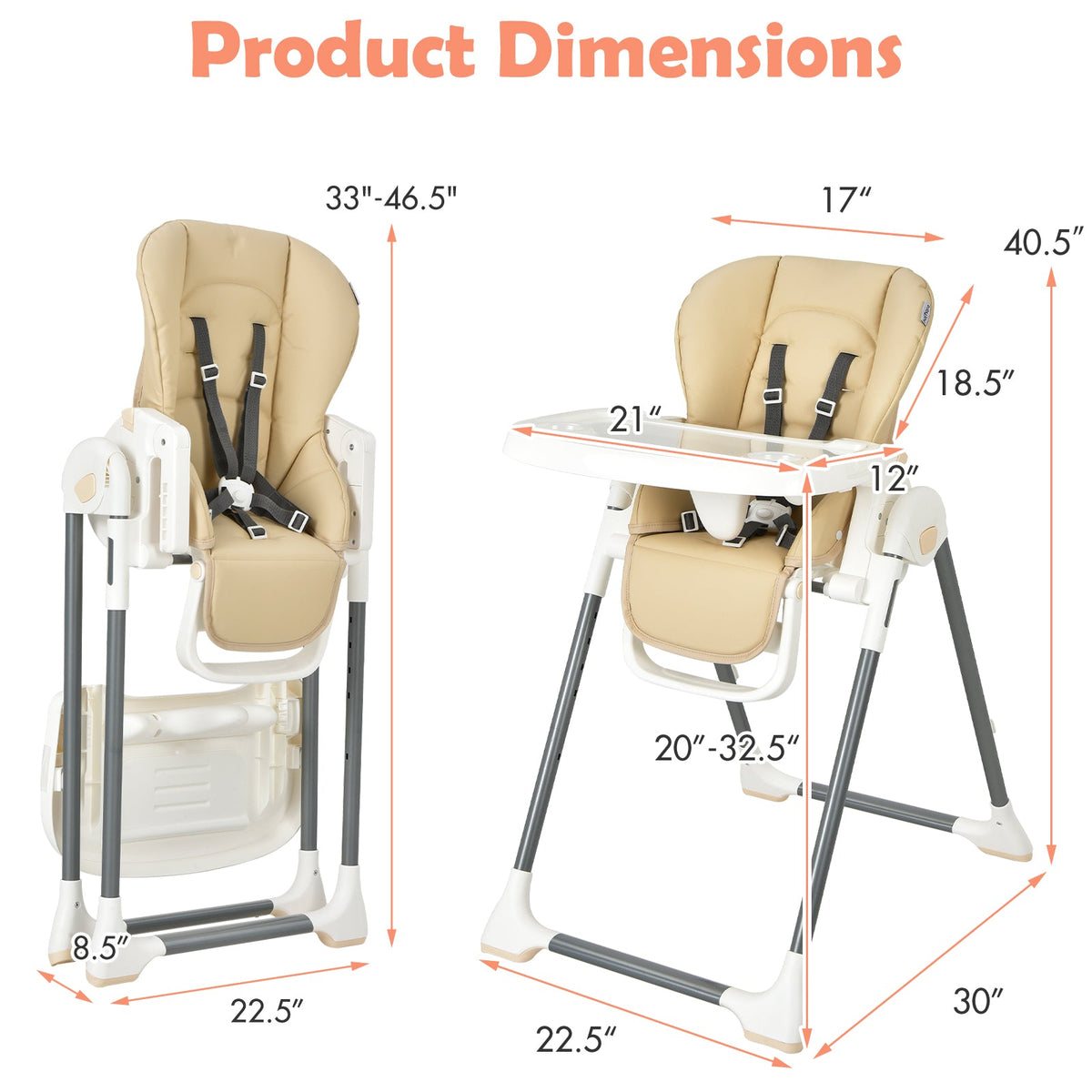 Foldable Baby High Chair with Double Removable Trays and Book Holder-Beige