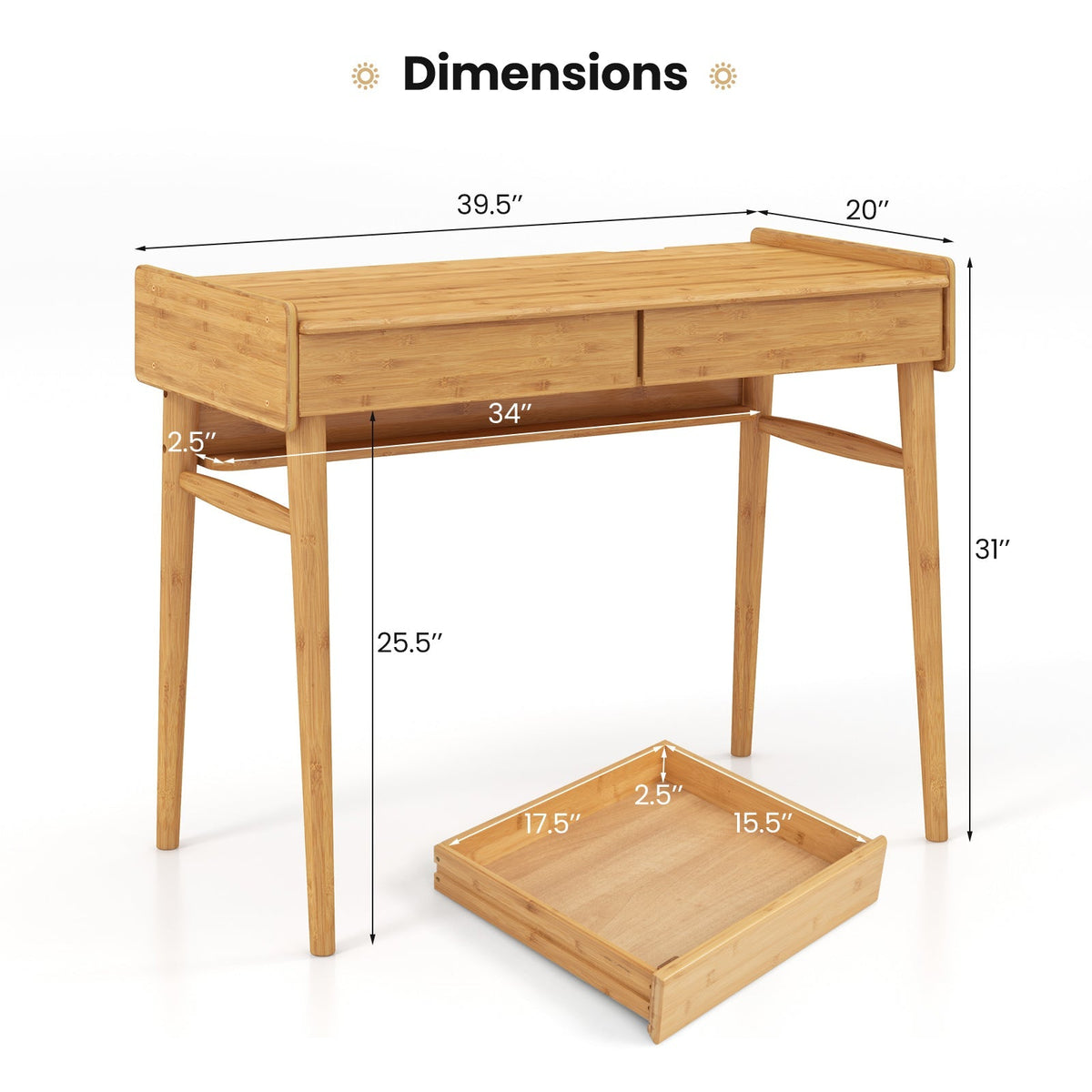 Bamboo Writing Desk with 2 Storage Drawers and Open Shelf