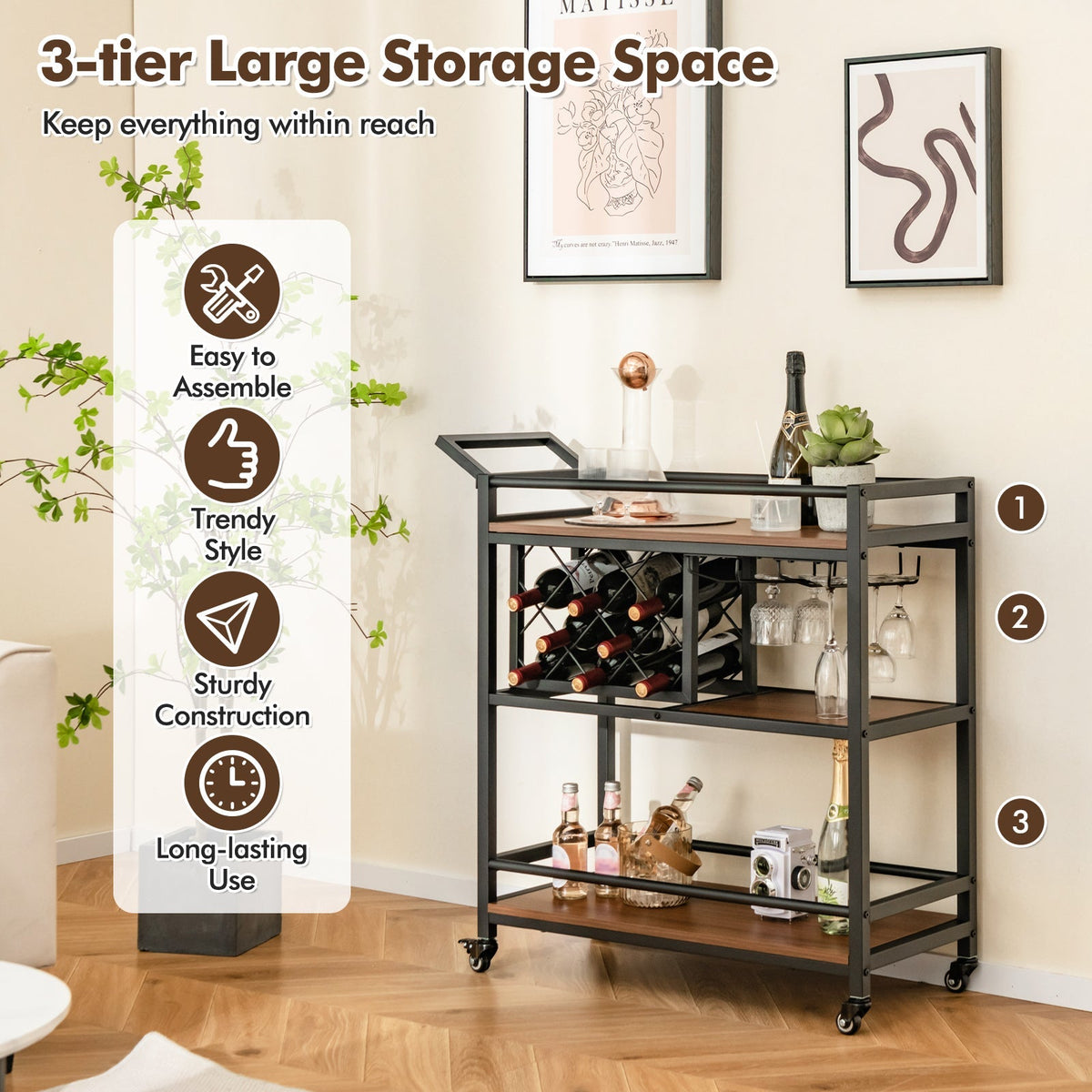3-tier Bar Cart on Wheels Home Kitchen Serving Cart with Wine Rack and Glasses Holder