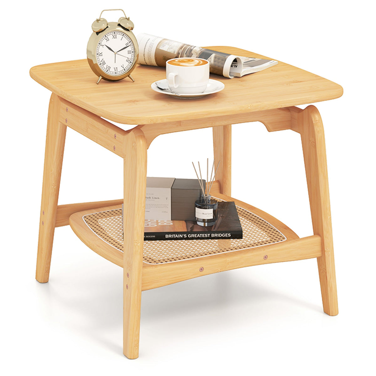 Boho Bamboo Sofa Side Table with Faux Rattan Storage Shelf-Natural