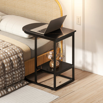 C-shaped Modern Sofa Side Table with Faux Marble Tabletop and Storage Shelf