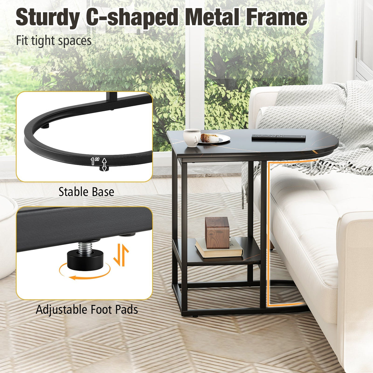 C-shaped Modern Sofa Side Table with Faux Marble Tabletop and Storage Shelf