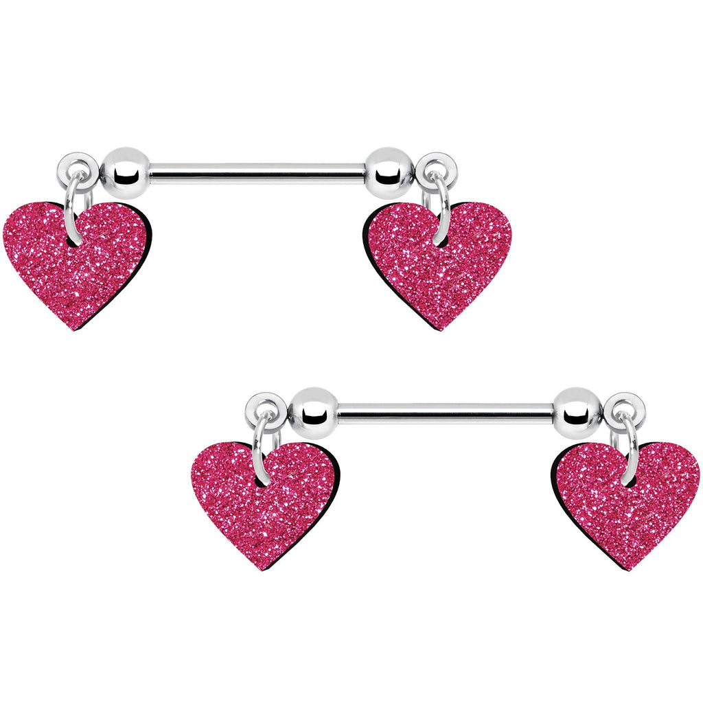 Pink Glitter Heart Nipple Ring Set