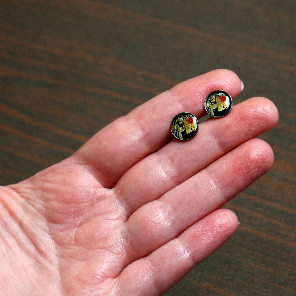 Red Rose Flower Skeleton Cameo Stud Earrings