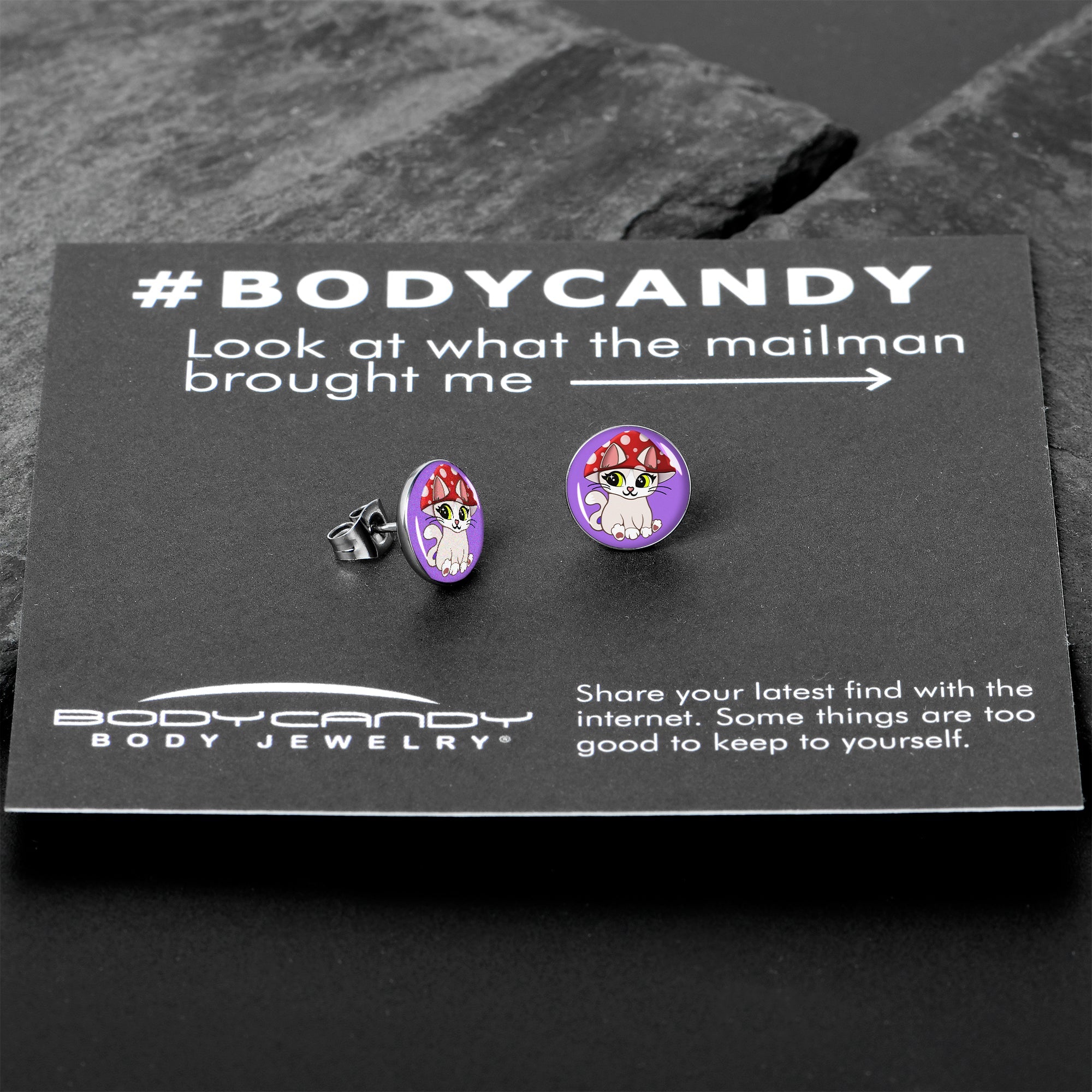 Polka Dot Mushroom Hat Cat Stud Earrings by Onyx O